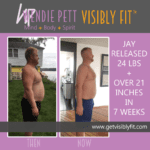 Before & after photos of Jay showing his 24 pound weight loss and how she has maintained it a year later thanks to Wendie Pett, ND