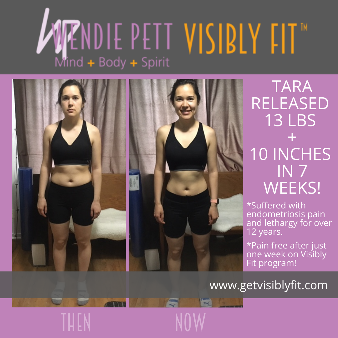 Side by side photos of Tara before and after endometriosis pain that was healed by completing Visibly Fit™ with Wendie Pett ND.