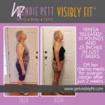 Before & after photos of Teresa showing her 30 pound weight loss and how she has maintained it a year later thanks to Wendie Pett, ND