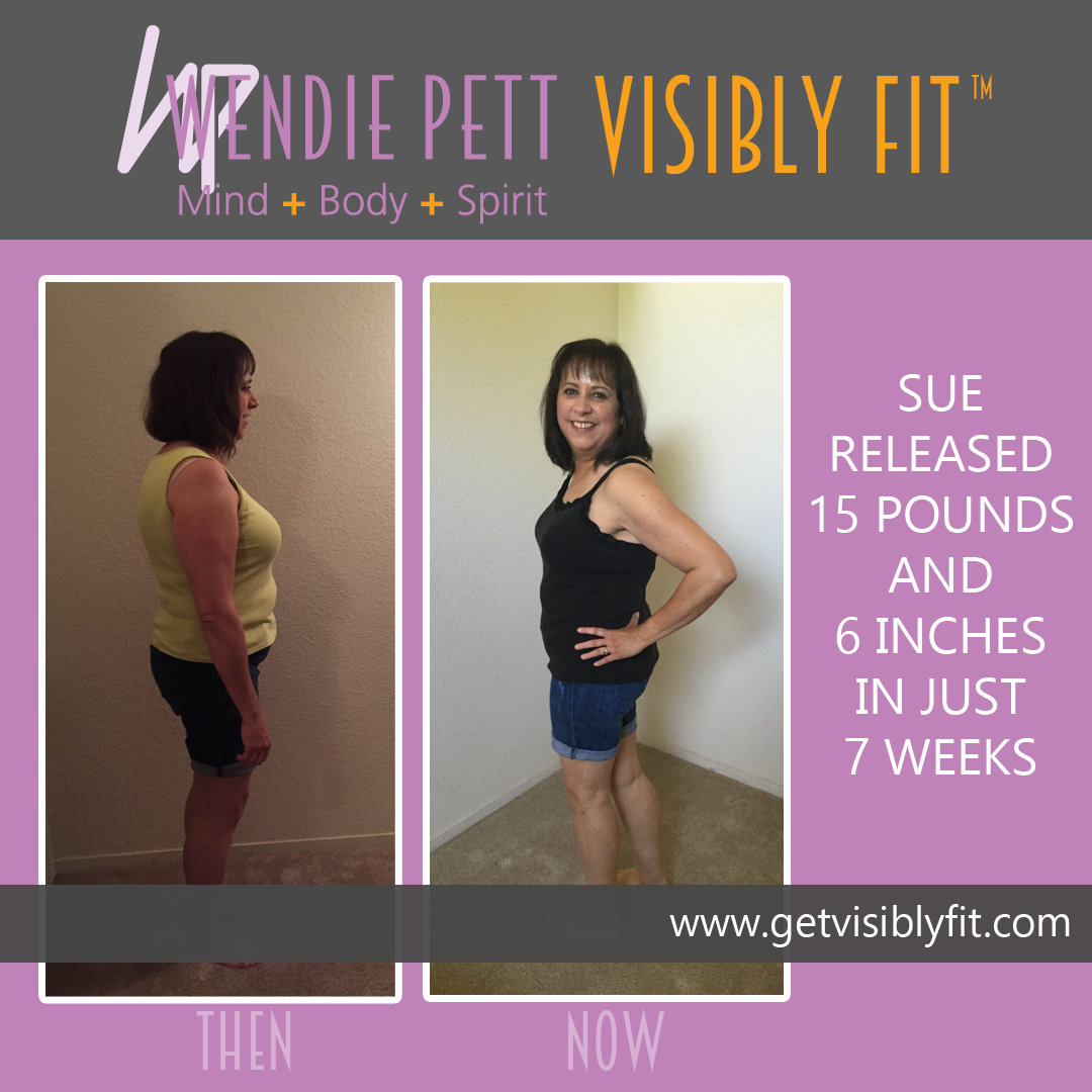 Before & after photos of Sue showing her 15 pound weight loss thanks to Wendie Pett, ND