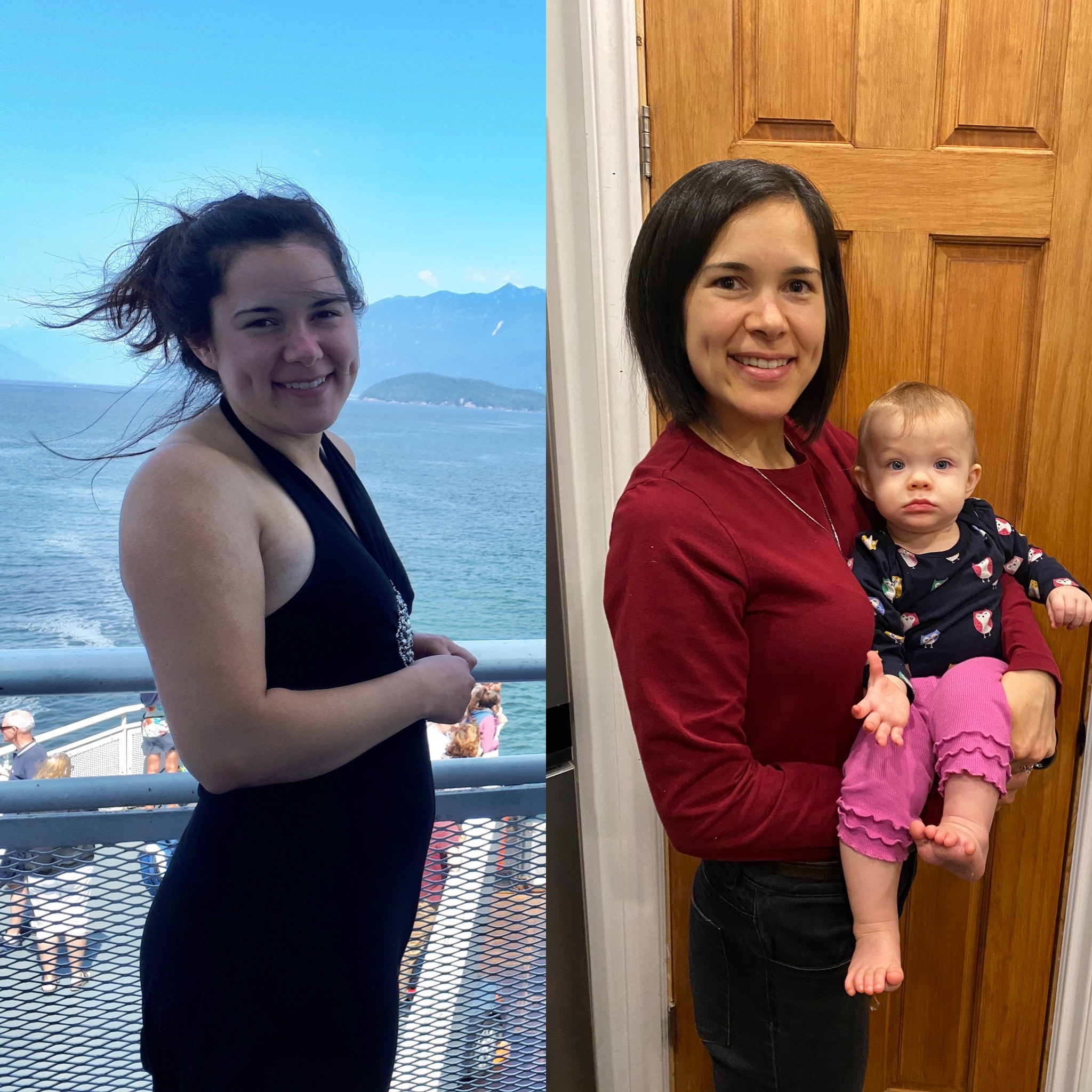 Before photo of Tara with endometriosis pain and photo of Tara and child after ending endometriosis pain with Visibly Fit™ with Wendie Pett ND