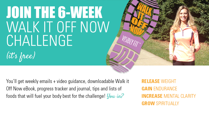 Wendie Pett ND walking next to the Walk It Off Now logo and text that reads: Join the 6-week Walk It Off Now Challenge (it's free). You'll get weekly emails + video guidance, downloadable Walk It Off Now eBook, progress tracker and journal, tips and lists of foods that will fuel your body best for the challenge! You in? Release Weight. Gain endurance. Increase mental clarity. Grow spiritually.