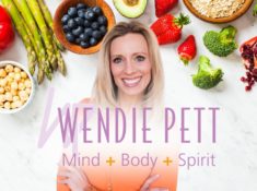 Wendie Pett, ND smiling with whole foods in the background on top with text that reads Wendie Pett Mind + Body + Spirit.