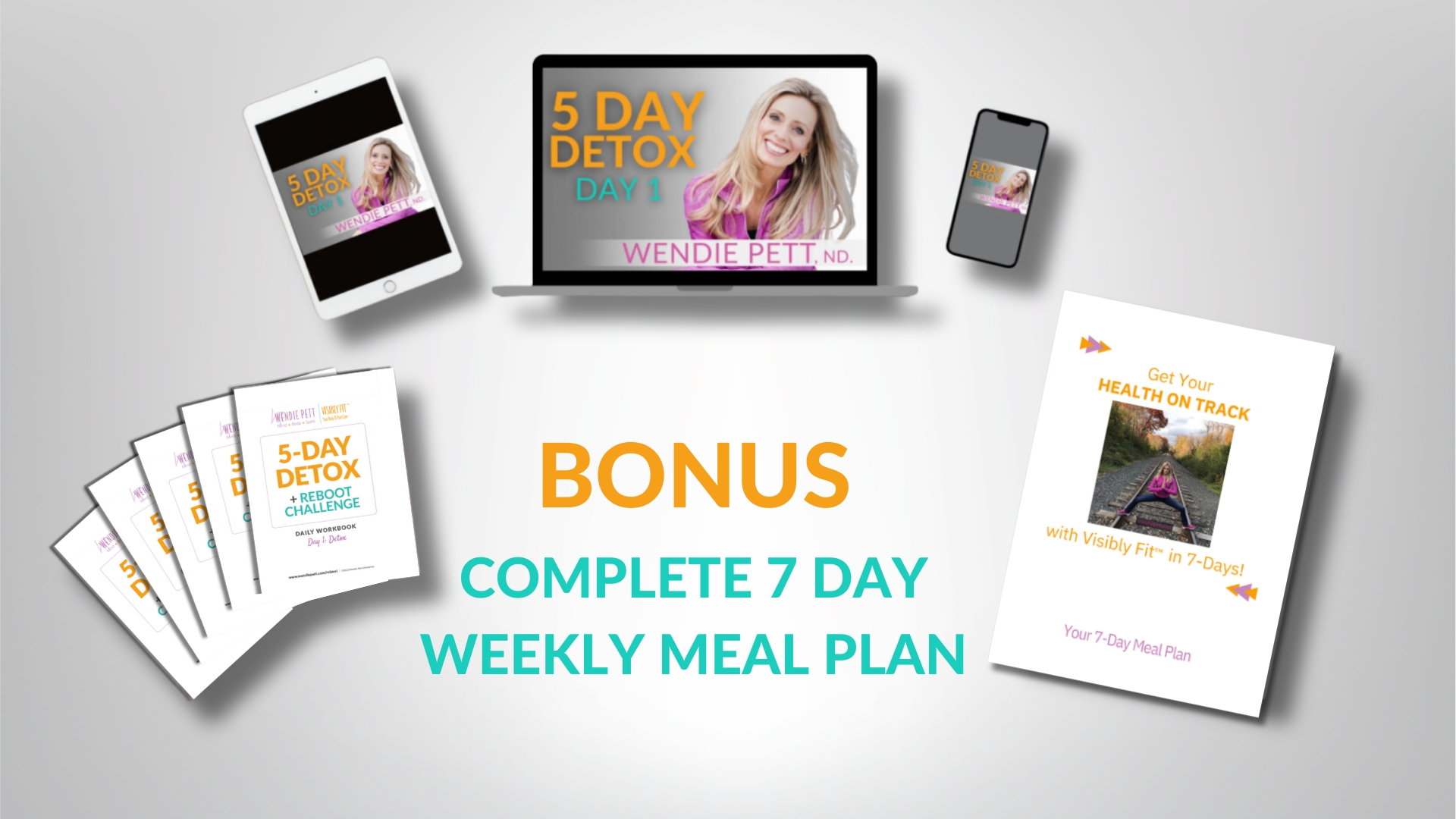 A tablet, laptop and phone with Wendie Pett, ND above 5 Daily Action Guides, and a 7 Day Meal Plan to represent the 5 Day Detox + Reboot