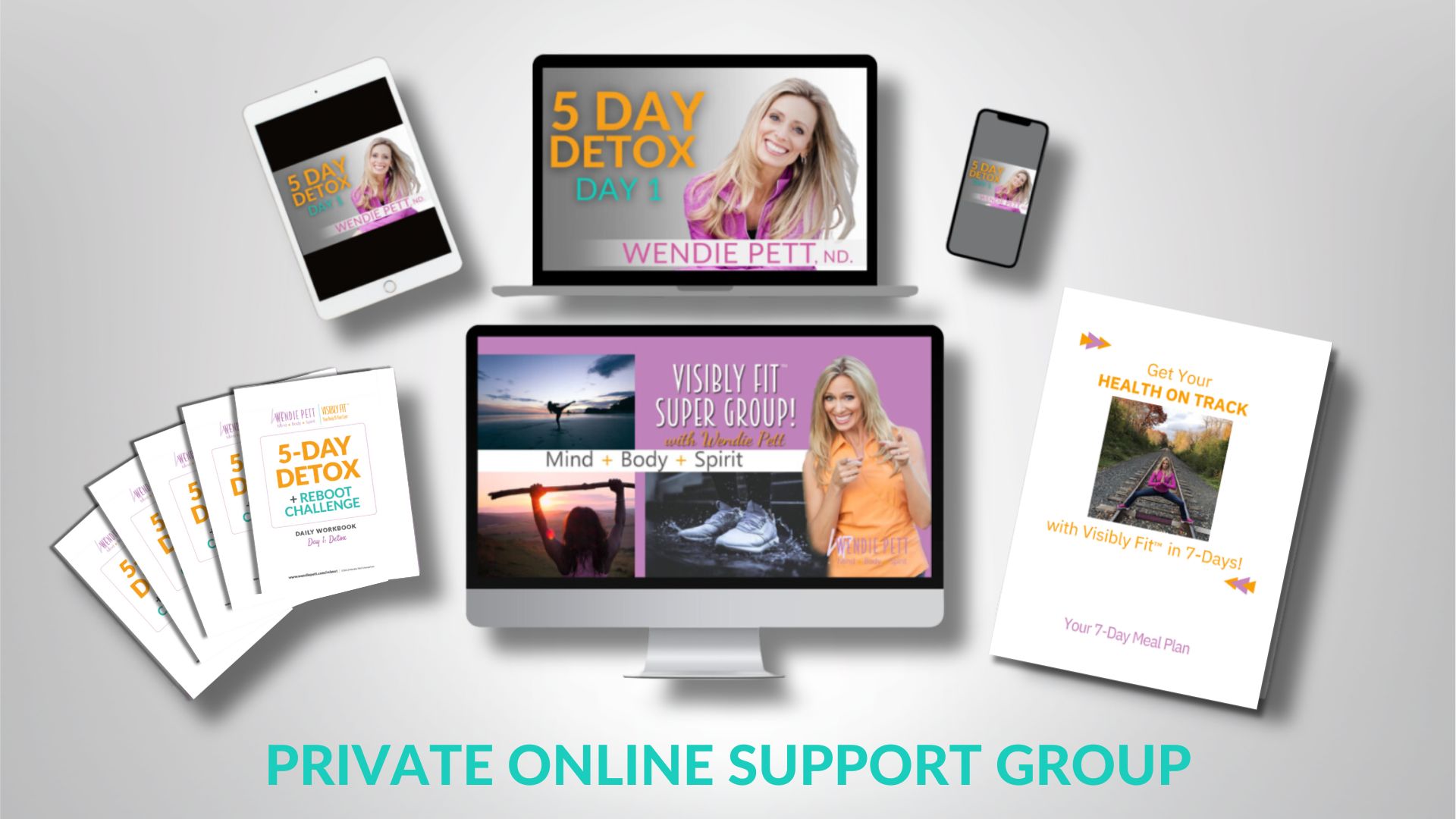 A tablet, laptop and phone with Wendie Pett, ND above 5 Daily Action Guides, a desktop monitor with the Private Online Support Group and a 7 Day Meal Plan to represent the 5 Day Detox + Reboot